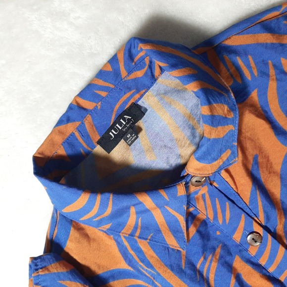 Julia by Love Tops - Julia by Love J Womens Blue Orange Tropical Leaf Rayon Button Up Shirt Medium